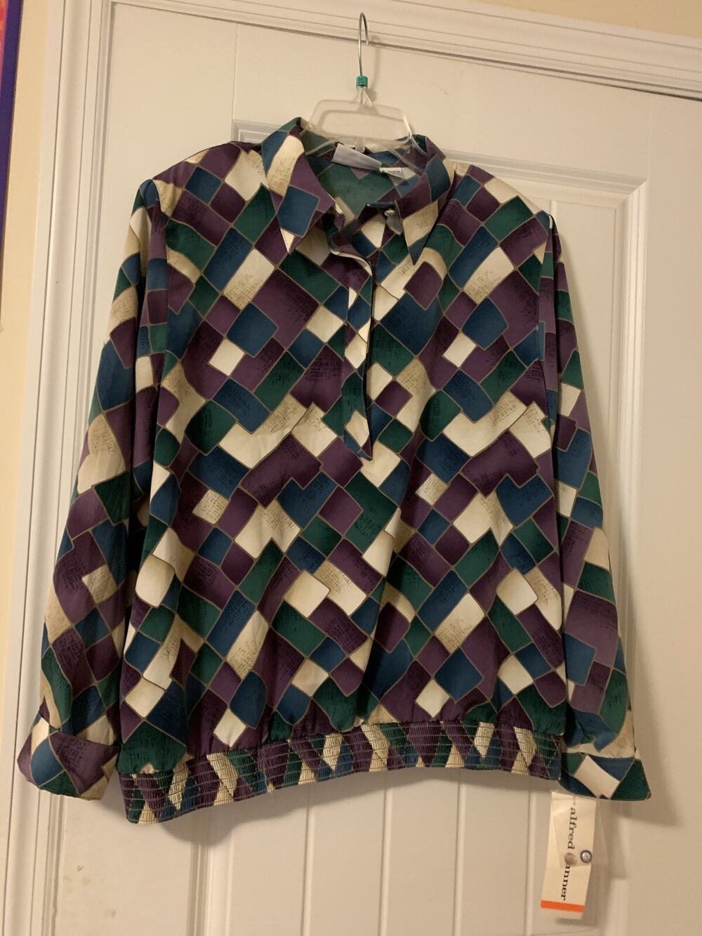 Alfred Dunner Geometric Print Long-Sleeve Blouse in Teal, Purple, Cream